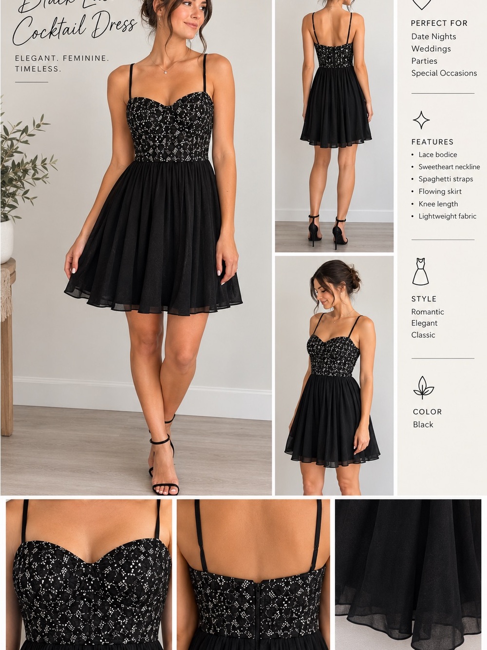 Black Lace Bodice Spaghetti-Strap Cocktail Dress